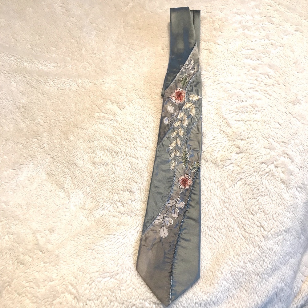 Japanese Silk Tie 3 inch wide Slate Blue w/ Delicate Flower Details